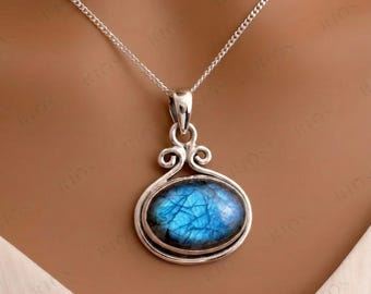 Natural Labradorite 925 Sterling Silver Oval Pendant Necklace - Rios London
