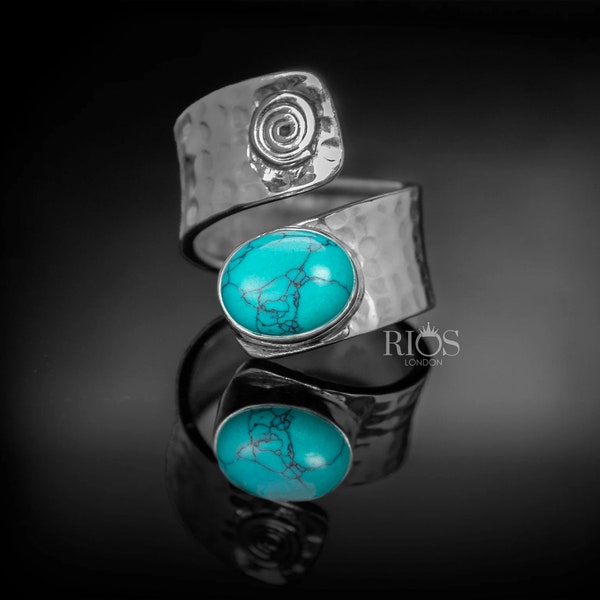 Bague tendance réglable turquoise en argent sterling 925 avec pierres précieuses - Bijoux en pierre verte / Mode bohème / Pierre de naissance