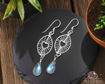 Moonstone Dangle Earrings: Sterling Silver Wire Wrapped Teardrop Gemstone