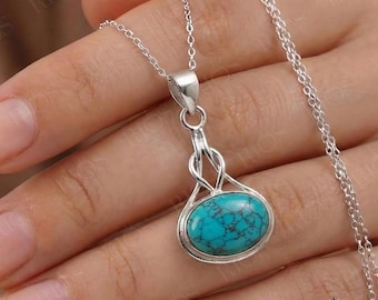 Sterling Silver Cabochon Turquoise Celtic Knot Pendant Necklace - Gift Boxed