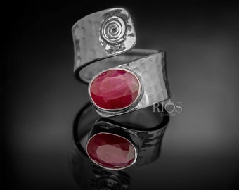 Ruby 925 Sterling Silver Gemstone Jewelry Adjustable Statement Ring - Red Stone jewellery / Boho Fashion / Birthstone Rios London