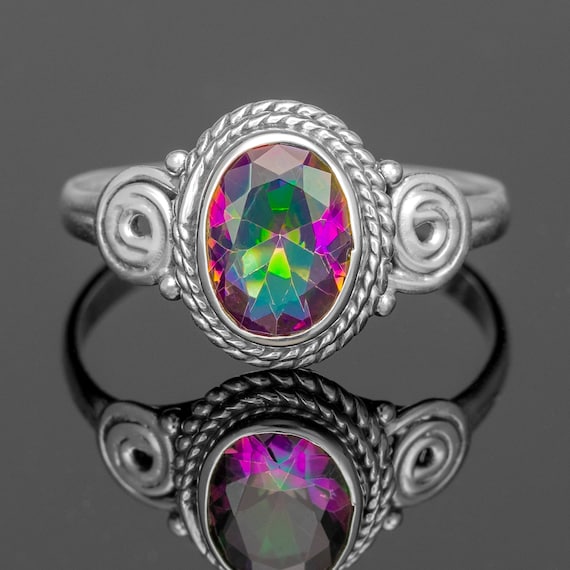 Anello Turtleland In Argento 925 Con Topazio Mistico Fuoco – Arcobaleno, Gioiello Nuovo Misura 8