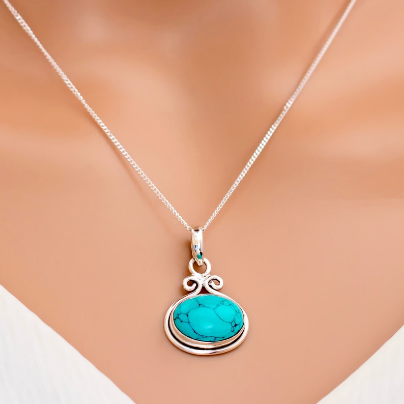 925 Sterling Silver Natural Turquoise Gemstone Pendant Women Chain Necklace Gift Boxed Turquoise jewellery / Silver Boho Stone jewelry image 1