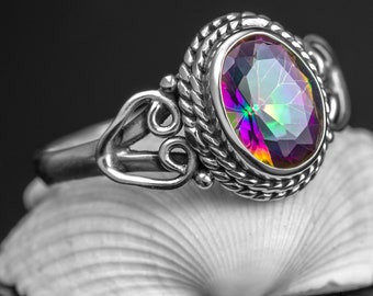 Beautiful 925 Sterling Silver Mystic Fire Topaz Gemstone Love Heart Ring Boxed - Statement Ring  - Medium jewelry - Rainbow colour jewellery