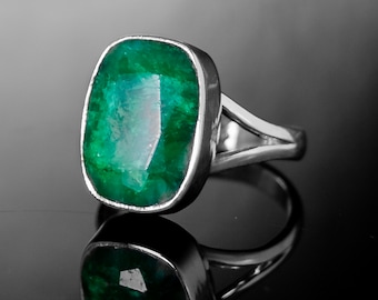 Handmade Sterling Silver Emerald Ring: Facet Cut Green Gemstone