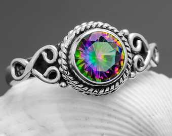 Sterling Silver Mystic Fire Topaz Ring: Handmade Rainbow Jewelry