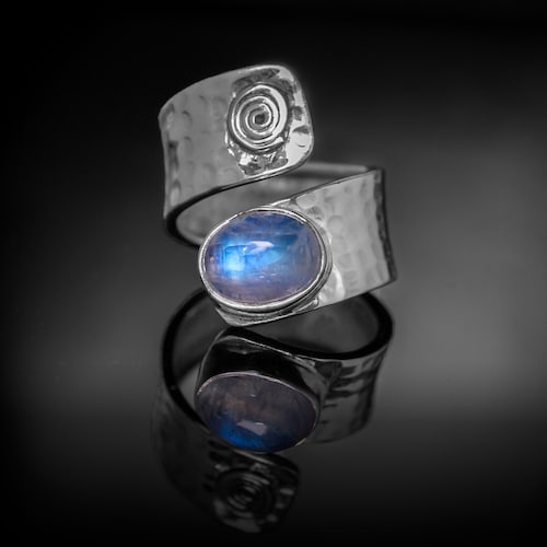 Bague pierre de lune faite main : pierre précieuse réglable en argent sterling 925