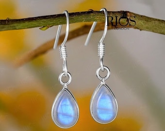 Sterling Silver Rainbow Moonstone Teardrop Earrings: Boho Dangle Jewelry
