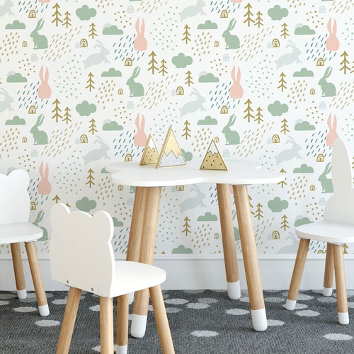Gray Nursery Wallpaper With White Bunnies Selfadhesive Etsy