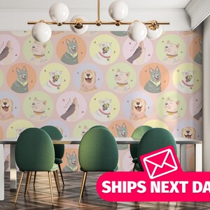 Whimsical dog mural print featuring happy hand-drawn dogs on a soft pastel pink background. The fun, expressive characters and cheerful colors make this mural ideal for playrooms, kids’ nurseries, or pet spaces. It comes in peel and stick vinyl or non-pasted fabric, with full customization in size and color to match personalized room styles and create an uplifting, joyful ambiance.