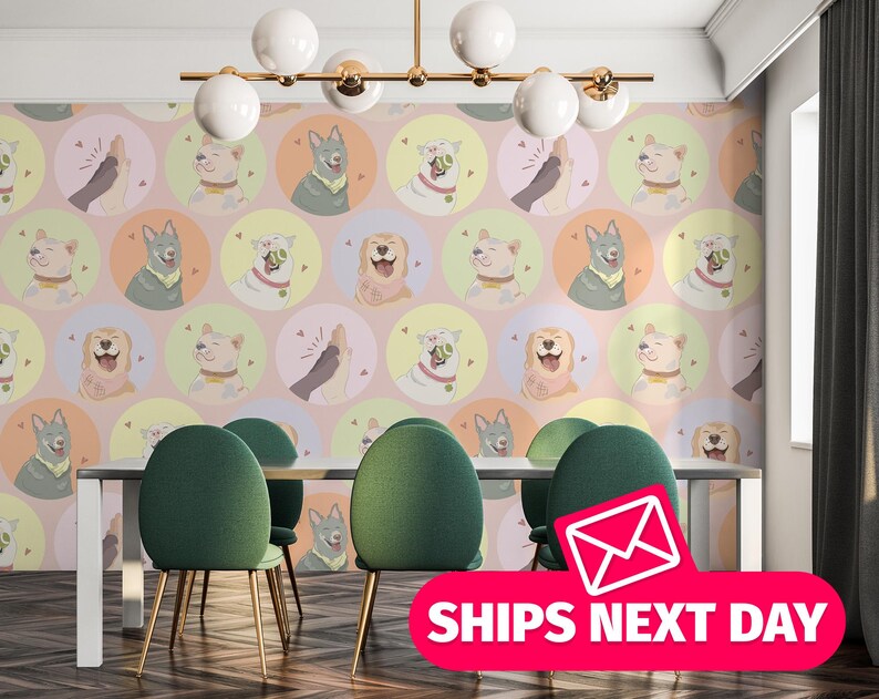 Whimsical dog mural print featuring happy hand-drawn dogs on a soft pastel pink background. The fun, expressive characters and cheerful colors make this mural ideal for playrooms, kids’ nurseries, or pet spaces. It comes in peel and stick vinyl or non-pasted fabric, with full customization in size and color to match personalized room styles and create an uplifting, joyful ambiance.
