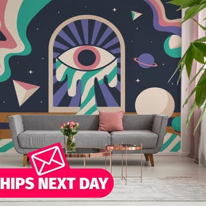 Psychedelic / Funky Bold Mural, Peel and Stick Removable Vinyl or Fabric, Non-pasted Wallpaper / Trippy Eye wallpaper mural print