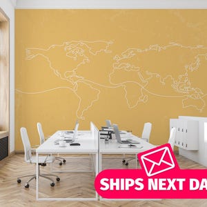 Minimalistic World Map removable mural / Peel and stick One Line Art wallpaper mural - Peel & Stick or Non-pasted / World Map mural print