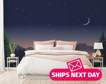 Night Sky Forest Wallpaper – Moonlit Pines Mural (Peel & Stick or Non-pasted)