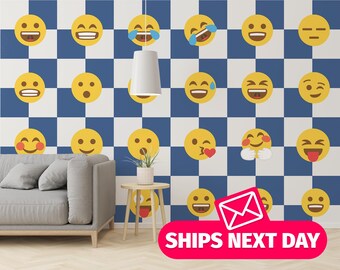 Checkered Emoji Smiles Wallpaper – Playful Teen Room Mural (Peel & Stick or Unpasted)