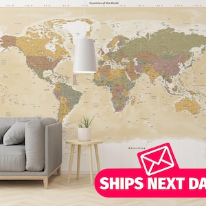 Mural de vinilo removible con mapa del mundo / Papel tapiz con mapa detallado despegable y adhesivo - Despegar y pegar o sin pegar / Impresión mural de mapa del mundo vintage