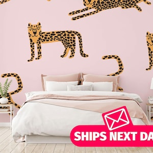 Leopard / Pink Tropical Mural, Peel and Stick Removable Vinyl or Fabric, Non-pasted Wallpaper / Cute Leopard pattern wallpaper mural print