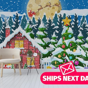 Festive Christmas removable vinyl mural / Peel and stick Winter holiday wallpaper / Christmas mural print - Peel & Stick or Non-Pasted