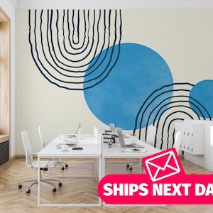 Blue boho circle wallpaper mural / Bohemian Mural, Peel and Stick Removable Vinyl or Fabric, Non-pasted Wallpaper