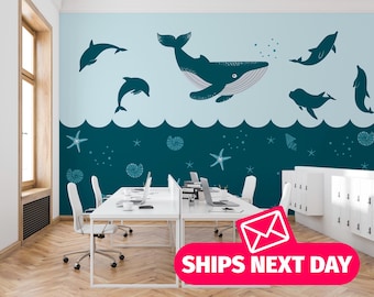 Cute Whale and Dolphins Mural – Kids Ocean Scene Peel & Stick Wallpaper