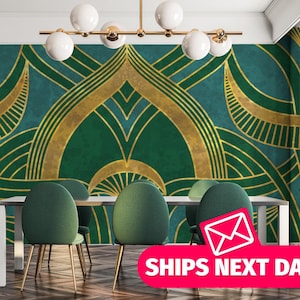 Carta da parati murale Art Déco verde / Elegante stampa murale geometrica, vinile o tessuto rimovibile staccabile e attaccabile, carta da parati non incollata