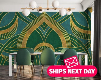 Mural de papel pintado Art Déco verde, arte mural geométrico, autoadhesivo.
