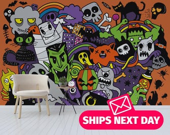Halloween Monster Mural – Spooky Cartoon Peel & Stick Wallpaper