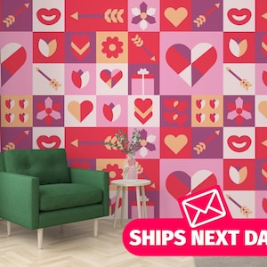 Murale rimovibile con motivo geometrico romantico / Carta da parati murale geometrica staccabile e adesiva - Stacca e attacca o non incollata / Stampa murale romantica