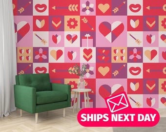 May include: A red, pink, and purple wallpaper with a geometric pattern of hearts, arrows, flowers, and tulips. The wallpaper is in a square format and has a repeating pattern. The text "SHIPS NEXT DAY" is at the bottom of the image.
