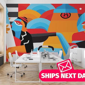 Colorful / 70s Mural, Peel and Stick Removable Vinyl or Fabric, Non-pasted Wallpaper / Abstract Retro wallpaper mural print