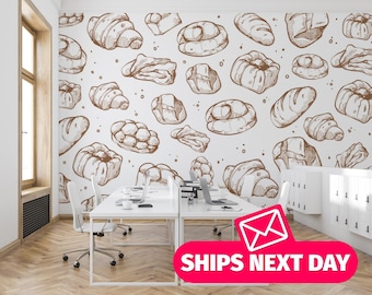 Bakery Sketch Wallpaper Mural, Cafe Kitchen Decor, Peel and Stick