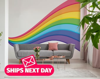 Wavy Rainbow wallpaper mural / Bold Colorful mural print, Peel and Stick Removable Vinyl or Fabric, Non-pasted Wallpaper