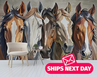 Painted Horses Wallpaper Mural - Rustic Farmhouse Style, Peel & Stick