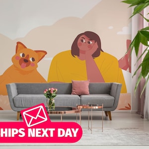 Cat / Cartoon Mural, Peel and Stick Removable Vinyl or Fabric, Non-pasted Wallpaper