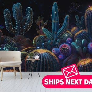 Murale in vinile rimovibile Glowing Succulents / Murale da parati Dark Botanical da staccare e attaccare / Stampa murale Cactus - Stacca e attacca o non incollato