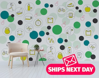 Active Lifestyle Icons Mural – Dotted Fitness and Wellness Peel & Stick Wallpaper