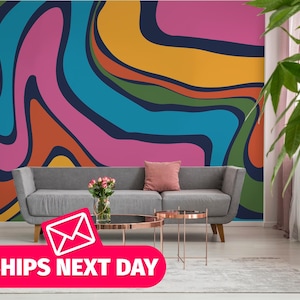 Flowy Rainbow Waves removable vinyl mural / Groovy Abstract wallpaper - Peel & Stick or Non-pasted / Funky Retro mural print