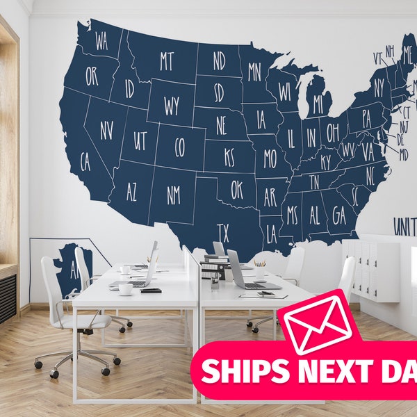 US map wallpaper mural – USA map wall mural peel and stick – Large Vinyl wallpaper removable