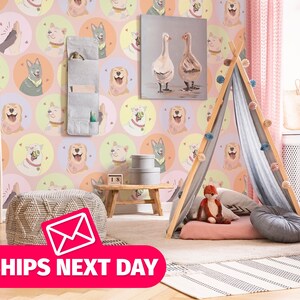 Cute dogs wallpaper mural with a repeating pattern of pastel-colored puppy portraits in soft tones and doodle-style lines. The design suits children's bedrooms, creative spaces, or daycare walls. Printed on removable peel and stick vinyl or traditional non-pasted wallpaper, and available in custom sizes and color schemes, it adds a cozy and friendly atmosphere to any dog-themed or playful interior.