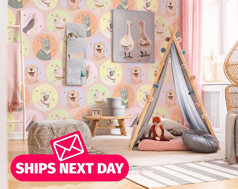 Cute dogs wallpaper mural with a repeating pattern of pastel-colored puppy portraits in soft tones and doodle-style lines. The design suits children's bedrooms, creative spaces, or daycare walls. Printed on removable peel and stick vinyl or traditional non-pasted wallpaper, and available in custom sizes and color schemes, it adds a cozy and friendly atmosphere to any dog-themed or playful interior.