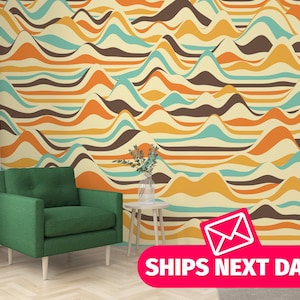 Abstract Waves removable vinyl mural / Retro Waves wallpaper mural - Peel & Stick or Non-pasted / Abstract Colorful mural print