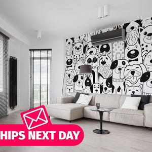 Playful Dog Doodle vinyl mural / Peel and stick Cartoon Dogs wallpaper mural - Peel & Stick or Non-pasted / Black and White mural print