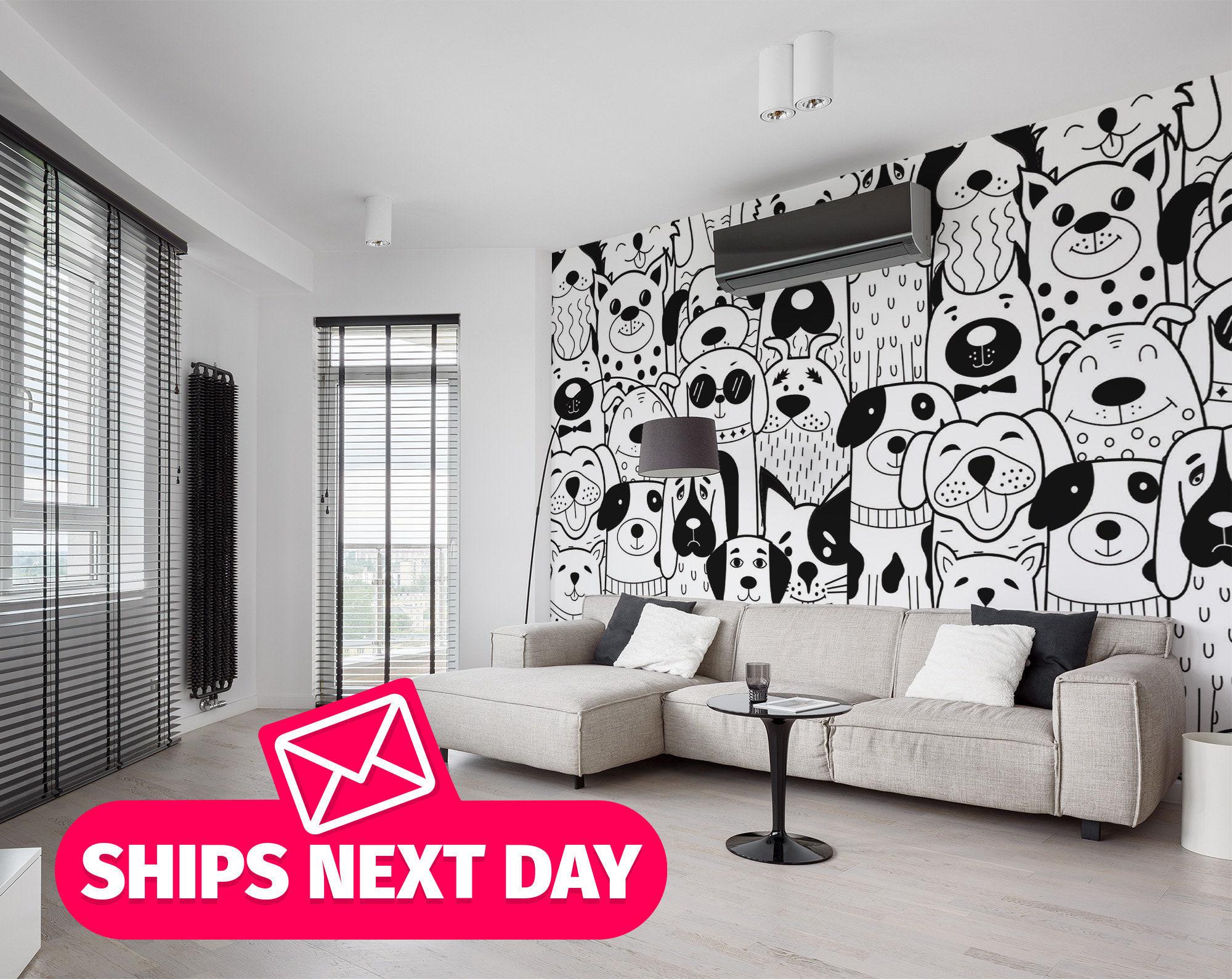 Playful Dog Doodle vinyl mural / Peel and stick Cartoon Dogs wallpaper mural - Peel & Stick or Non-pasted / Black and White mural print