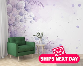 Lavender Floral Wallpaper Mural, Watercolor Peel and Stick, Removable Vinyl or Fabric