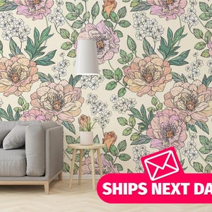 Aesthetic Peonies removable vinyl mural / Pastel Floral wallpaper mural / Vintage Floral mural print - Peel & Stick or Non-Pasted