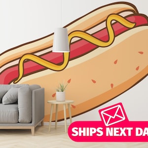 Hot dog wallpaper mural / Food Mural, Peel and Stick Removable Vinyl or Fabric, Non-pasted Wallpaper / Bold Snack self-adhesive mural