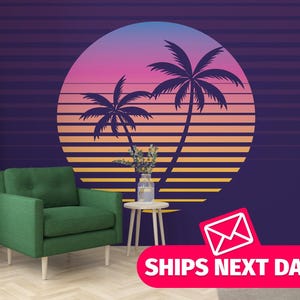 May include: A retro-style wall mural featuring a sunset with palm trees. The mural is a circle with a gradient of pink, orange, and yellow. The palm trees are silhouetted against the sunset. The mural is on a purple background with horizontal stripes.