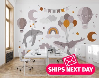 Whale / Nursery Mural, Peel and Stick Removable Vinyl or Fabric, Non-pasted Wallpaper