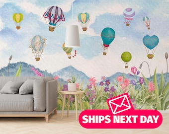 Whimsical Hot Air Balloons Mural – Dreamy Floral Landscape Peel & Stick Wallpaper