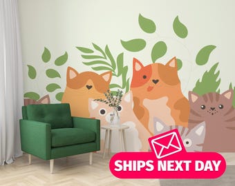 Cartoon Cat Mural, Peel and Stick Wallpaper, Kids Room Decor